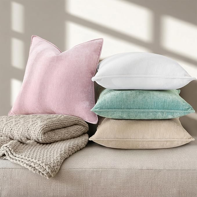 decorUhome Chenille Cream White Velvet Throw Pillow Covers 16x16 Set of 2 | Fall Soft Couch Decorative Modern Farmhouse Pillow Cases with Elegant Design for Sofa Bed Living Room Home Decor