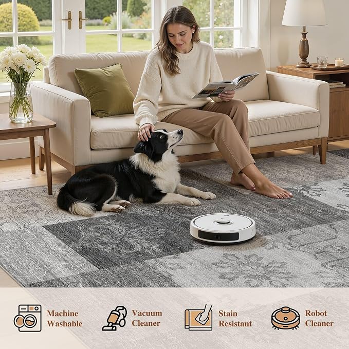UERMEI 6x9 Area Rug for Living Room - Washable Vintage Carpet, Non-Slip Soft Large Indoor Floor Rugs for Bedroom Home Office & Under Dining Table Decor, Gray Block