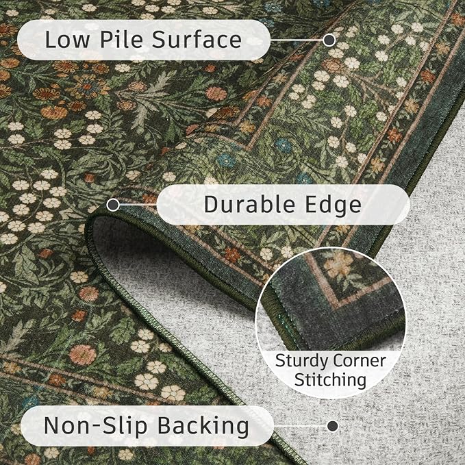 DCX Green 5x7 Area Rug, Machine Washable Non Slip Stain Resistant Soft Vintage Floral Rug, for Living Room, Bedroom, Dining Room, Soft Low Pile Large Carpet