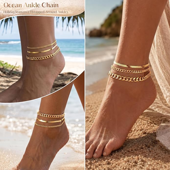 DEARMAY Gold Anklets for Women Waterproof, Non Tarnish14K Gold Plated Ankle Bracelets Set Stack, Summer Beach Jewelry Gifts for Vacation, Bikini Outfits for Women Mom Her