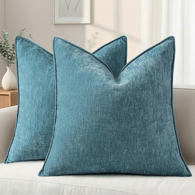 decorUhome Chenille Teal Velvet Throw Pillow Covers 24x24 Set of 2 | Fall Soft Euro Sham Couch Decorative Modern Farmhouse Pillow Cases with Elegant Design for Sofa Bed Living Room Home Decor