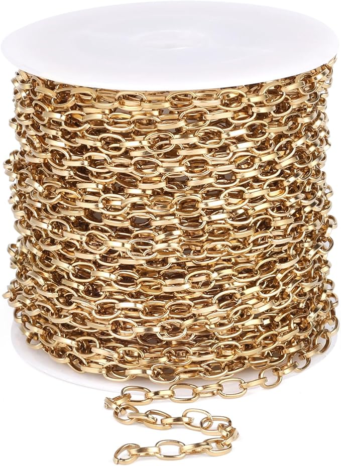 33FT Gold Paperclip Chain Jewelry 3MM 18K Gold PVD Plated Stainless Steel Paperclip Link Chain Roll Bulk for Jewelry Making