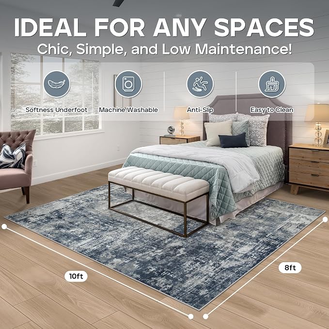 8x10 Area Rugs for Living Room Rug Washable: Modern Large Rug for Dining Room Bedroom Carpet Non Slip 8 by 10 Indoor Abstract Nursery Home Office Blue Grey