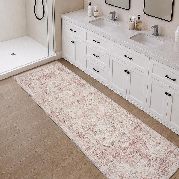 AMOAMI-2X6 Runner Rug-Washable Runners for Hallways-Soft Non Slip Bedside Rugs for Bedroom-Vintage Long Rug for Hallways Entryway Laundry Room Stair Kitchen Bathroom Pink