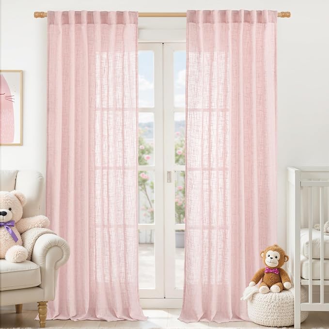 LAMIT Pink Linen Curtains for Living Room 96 Inches, Back Tab and Rod Pocket Semi Sheer Panels Light Filtering Farmhouse Drapes for Bedroom/Girl's Room, Set of 2, 52 x 96 Inch