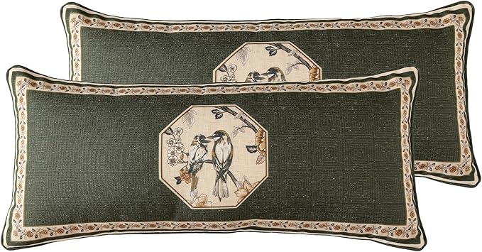 ISAENNE Vintage Linen Rectangle Throw Pillow Cover,Set of 2,28"x12"-Murad E | Designer French Green Pillow Cover,Concealed Zipper Design,Floral and Bird Pattern,Sofa,Bedroom,Living Room,Lounge Chairs