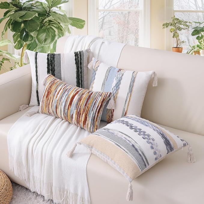 Simmore Fall Boho Decorative Grey Throw Pillow Covers 18X18 Set of 2 | Tufted Accent Modern Farmhouse Neutral Pillow Covers with Tassels for Cozy Bohemian Couch Sofa Bedroom Home Decor