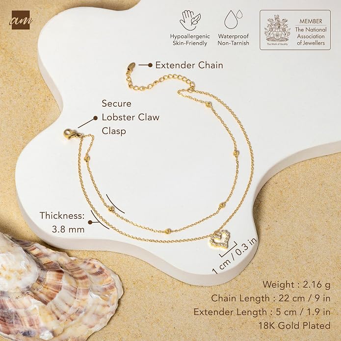 Amberta Silver Gold Waterproof Ankle Bracelets for Women | Boho Layered Anklets for Women | Summer Jewelry, Adjustable Ankle Chain Beaded Rope Heart