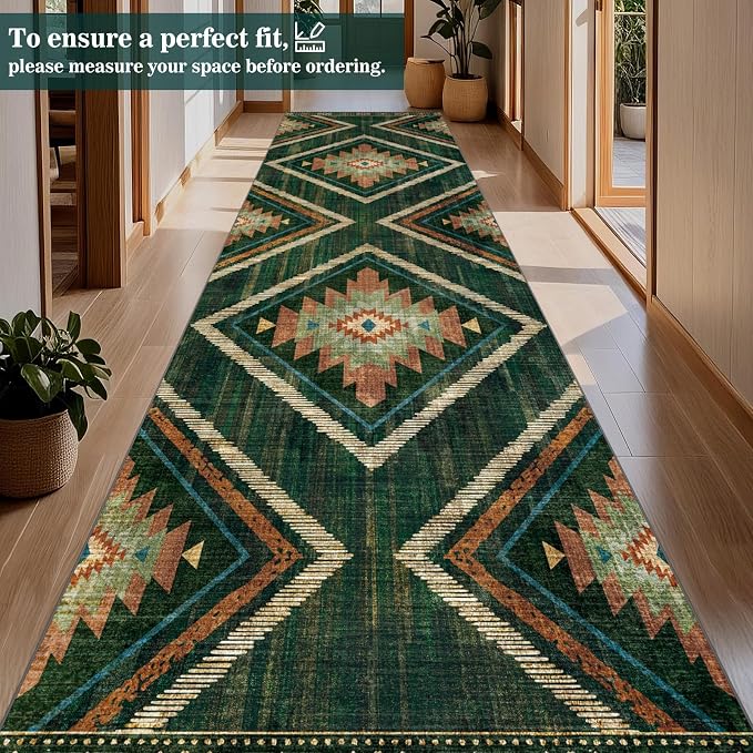 Boho Runner Rugs for Hallway 3x14Ft Non Slip, Long Wide Green Moroccan Washable Kitchen Rug Runner, Soft Geometric Entryway Floor Carpets for Entrance Doorway Home Office Decor