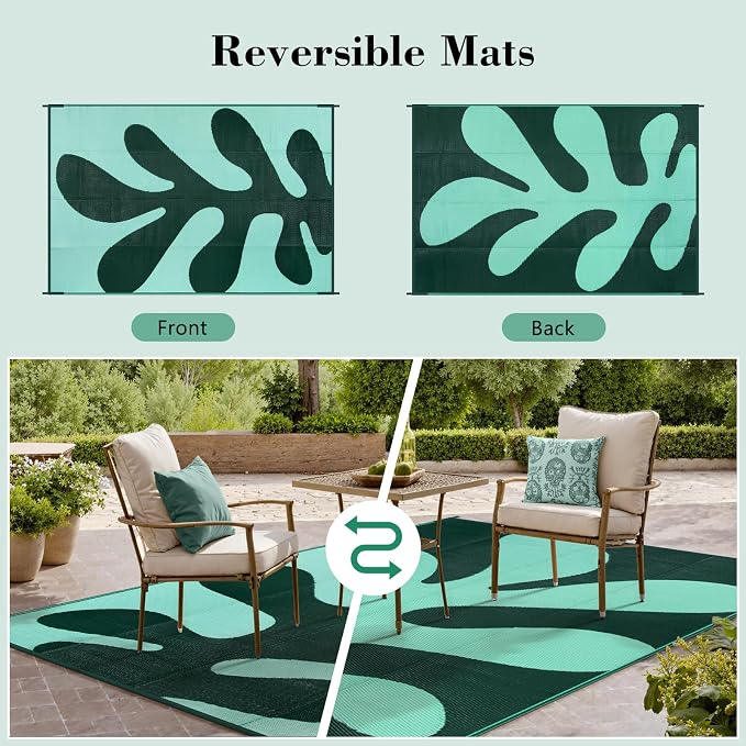 Lahome Plastic Coastal 6x9 Outdoor Rugs for Patios, Cartoon Coral Camping Rugs for Outside Your Rv, Stain Resistant Lightweight Carpet for Beach Picnic Deck, Green 6'x9'