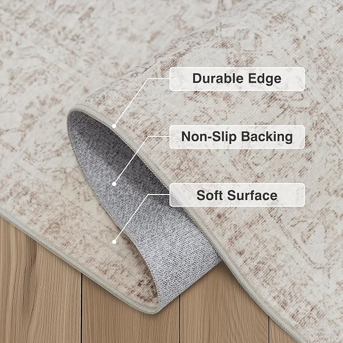 FMFUNCTEX 6ft Round Washable Area Rug Beige Vintage Neutral Oriental Distressed Non Slip Carpet for Living Room Bedroom Soft Low Pile Indoor Mat Retro Throw Rug for Dining Room Office Nursery Entry