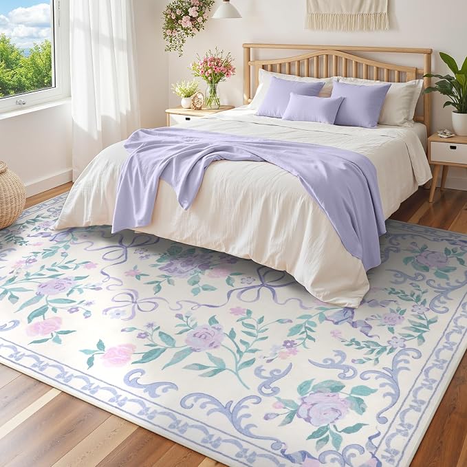 Collive 6x9 Purple Area Rug, Boho Bow and Floral Rugs for Living Room Machine Washable, Soft Ultra-Thin Bow Carpet Non Slip for Girls Room Bedroom Entryway Playroom
