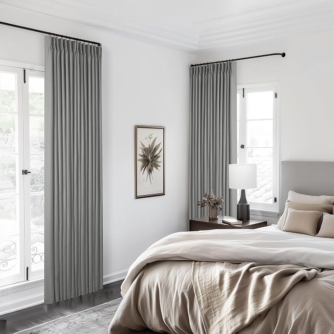 TWODRAPES Grey Pleat Linen Blackout 102 Inch Curtains for Bedroom 2 Panels | 100% Black Out Thermal Insulated, Pinch Pleat with Rings Hooks, Room Darkening Drapes with Liner, for Living Room W40xL102