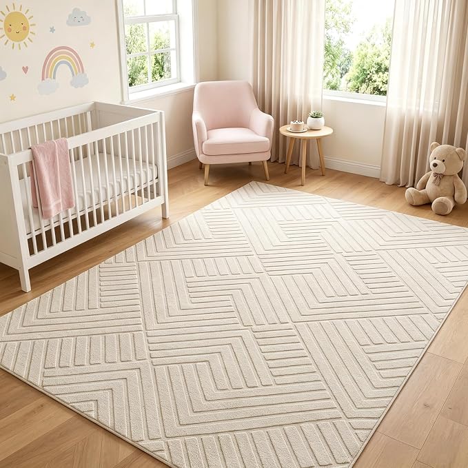 Bsmathom 6x9 Washable Area Rug, Boho Neutral Modern Soft Carpet Mat, Beige | Machine Washable, Low Pile Fluffy Plush, Non-slip, Geometric Textured, For Living Dining Kids Room Bedroom Indoor Dorm