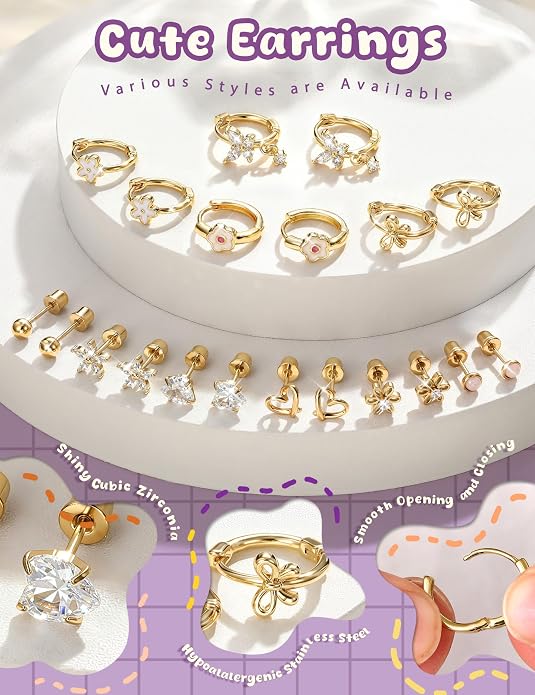 Hypoallergenic Screw Back Earrings for Girls Women - Surgical Steel 14K Gold Silver Plated Cute Toddler Little Girl Kids Earrings for Sensitive Ears Heart CZ Flower Stud Hoop Earring Sets 10 Pairs
