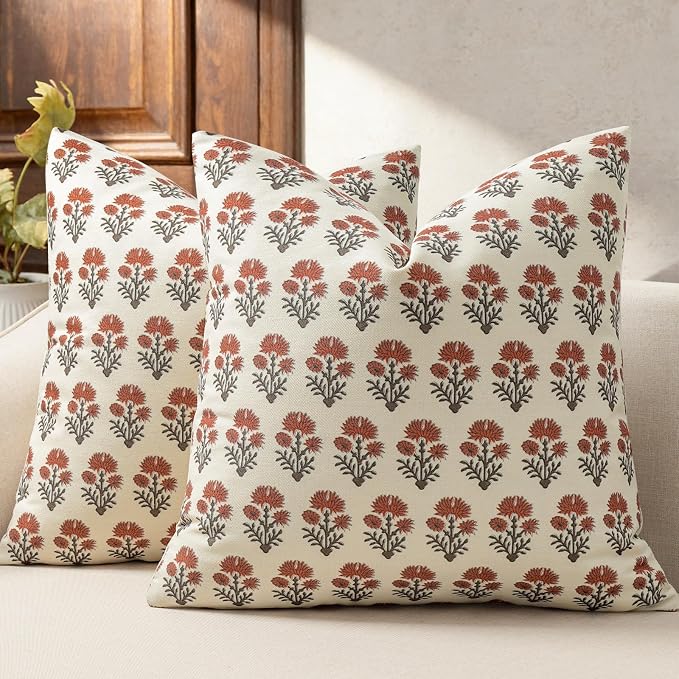 Farmhouse Floral Pillow Covers 20x20 Set of 2, Country Botanical Throw Pillow Cover for Sofa Couch Bed Living Room, Earthic Vintage Flower Cushion Covers Cottage Home Decor,Terracotta