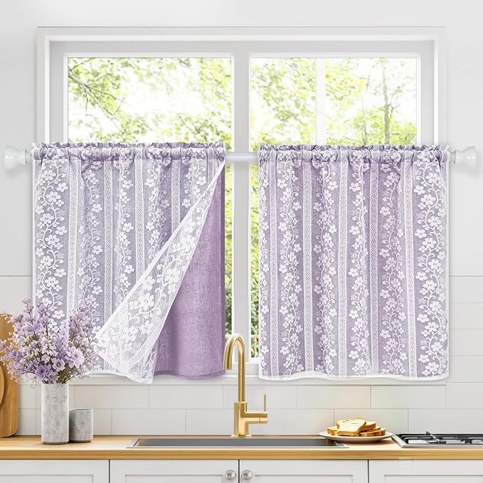 ASPMIZ Linen Kitchen Curtains Double Layer Kitchen Window Curtains Over Sink 24 Inch Length Purple Tier Curtain Light Filtering, Rod Pocket Cafe Curtain Short Window Treatments with 2 Tiebacks, 26x24