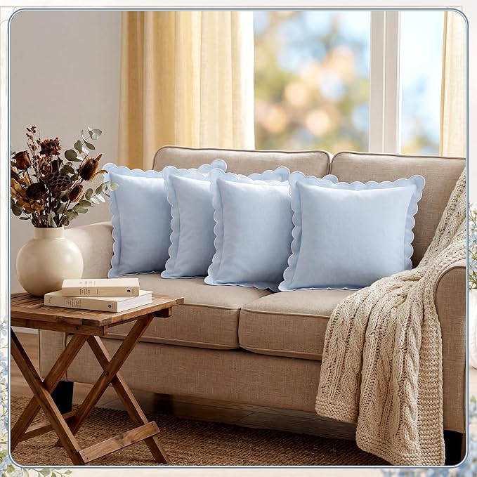 4 Pcs Blue Scalloped Pillow Covers 18x18 Inch Scallop Grandmillennial Decorative Couch Throw Pillows Granny Chic Pillowcases for Farmhouse Sofa, Couch, Outdoor Patio Decor