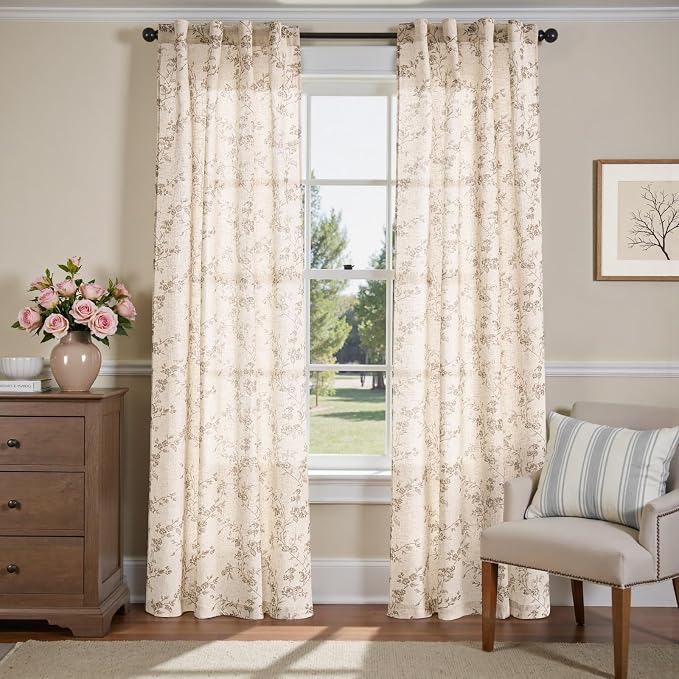 jinchan Taupe Floral Linen Curtains 90 Inch Farmhouse Back Tab 2 Panels | Taupe on beige, light filtering, farmhouse, rustic, country, flower, privacy, bedroom, living room, office, window treatment