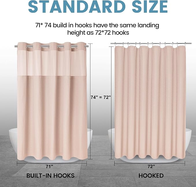 EUTXL Heavyweight Blush Pink No Hook Shower Curtain with Snap in Liner,256GSM Waffle Weave Shower Curtains for Bathroom,71W x 74H