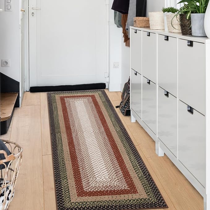 RUGSREAL Hallway Runner Rug 2x6 Braided Machine Washable Kitchen Rug Farmhouse Runner Carpet Non Slip Stain Resistant Rustic Carpet Modern Printed Area Rug for Living Room Bedroom, Crimson/Earthy