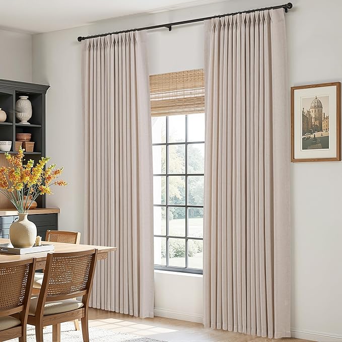 Cream Beige Pinch Pleated Linen Curtains 84 Inches Long for Living Room Bedroom Pinch Pleat Drapes Rings Hooks Back Tab Light Filtering Boho Farmhouse Semi Sheer 84 Inch Curtain for Dining Room 40x84