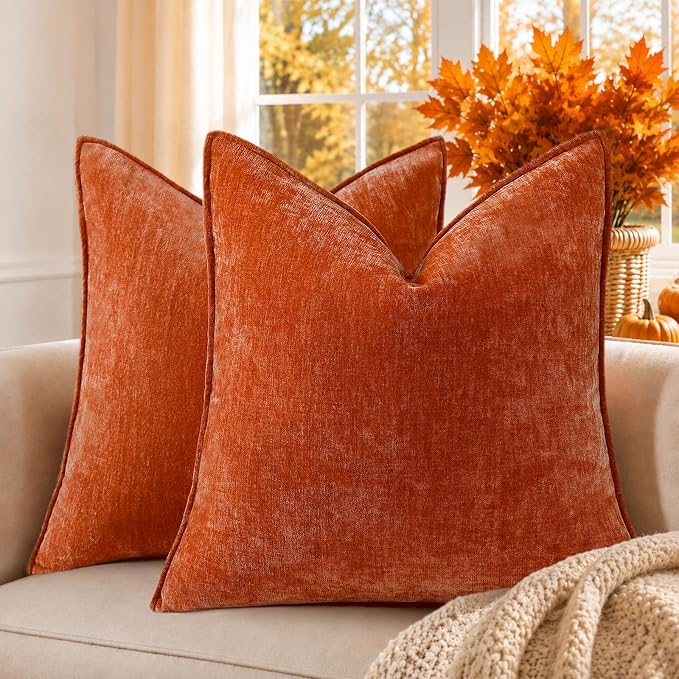 decorUhome Chenille Rust Velvet Throw Pillow Covers 20x20 Set of 2 | Fall Soft Couch Decorative Modern Farmhouse Pillow Cases with Elegant Design for Sofa Bed Living Room Home Decor