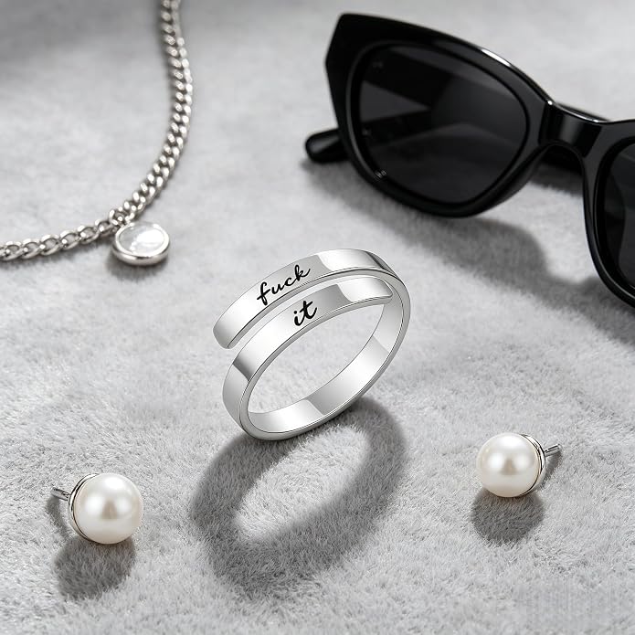 I Fcking Love You Ring, Stainless Steel Engraved Inspirational Words Heart Open Adults Women Vintage Promise Rings Lover Wife Jewelry