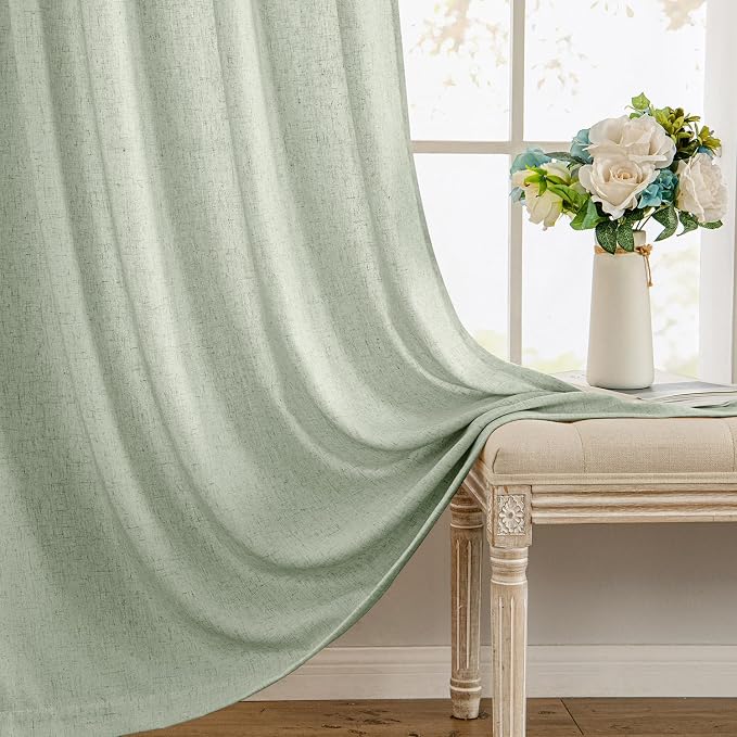 MIULEE Non-See-Through Privacy Linen Curtains 52W x 90L Inch Light Green | 2 Panels, Light Filtering, Semi Sheer Window Curtains, Farmhouse Textured, Back Tab Drapes for Bedroom Living Room
