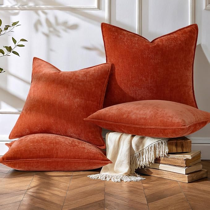decorUhome Set of 4 Chenille Rust Throw Pillow Covers 18x18 | Couch Decorative Soft Neutral Pillow Covers with Elegant Design for Living Room Bed Sofa