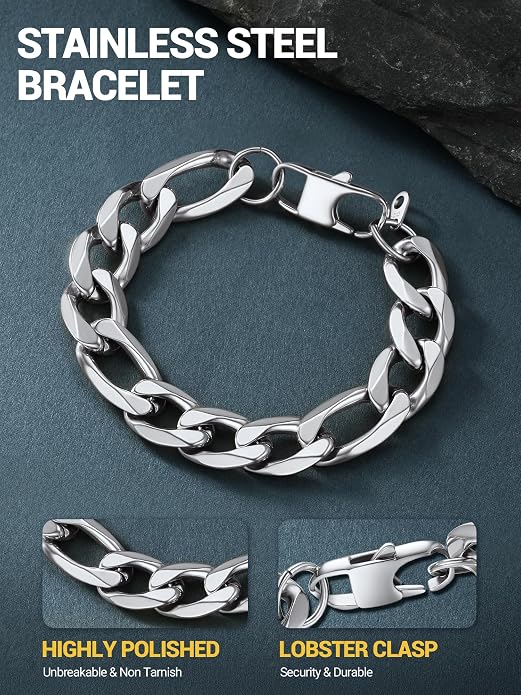 PROSTEEL Silver/Gold/Black Bracelets for Men Figaro Cuban Link, 6mm-13mm Width, 7.5"/8.3"/9" Length, Stainless Steel Mens Bracelet Jewelry with Gift Box