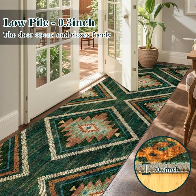 Boho Runner Rugs for Hallway 3x14Ft Non Slip, Long Wide Green Moroccan Washable Kitchen Rug Runner, Soft Geometric Entryway Floor Carpets for Entrance Doorway Home Office Decor