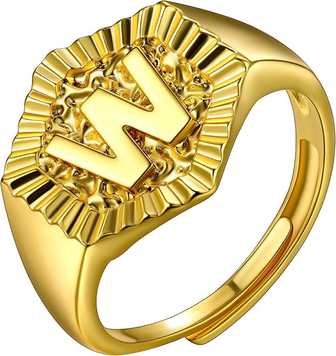 U7 Initial Ring Wedding Band for Men Women 18K Gold Plated Statement Hexagon A-Z Letter Jewelry Personalized Stackable Signet Rings