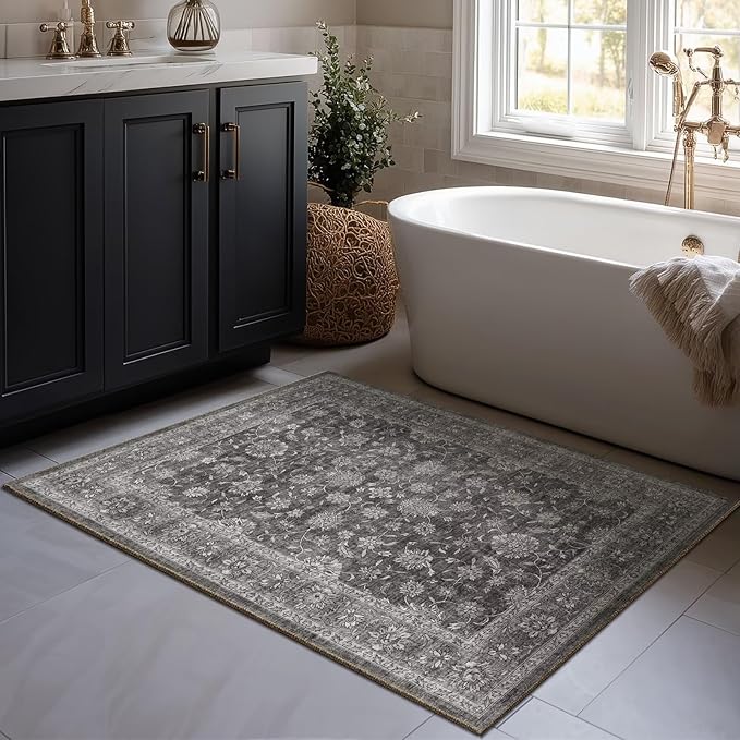 Washable 2x3 Entryway Rug, Boho Vintage Non-Slip Door Mat, Dark Grey | 0.3" Neutral Throw Small Rugs for Bedroom Kitchen Nursery Entrance, Cushioned for High-traffic Area