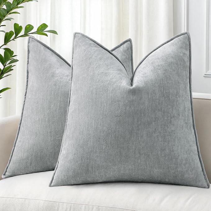 decorUhome Chenille Ultimate Gray Throw Pillow Covers 20x20 Set of 2 | Fall Soft Couch Decorative Modern Velvet Pillow Cases with Elegant Design for Sofa Bed Living Room Home Decor