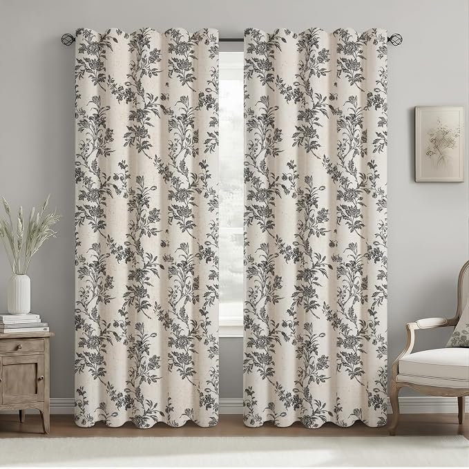 Black Floral 100% Blackout Curtains for Bedroom 84 Inch Length 2 Panels Set, Linen Texture Farmhouse Curtains for Living Room