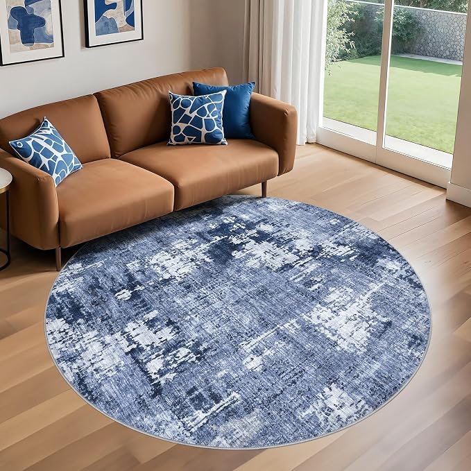 DMOYEST 6ft Round Area Rug Living Room Rugs - 6x6 Washable Large Soft Indoor Neutral Modern Abstract Low Pile Rug Carpet for Bedroom Dining Room Farmhouse Home Office - Navy Blue