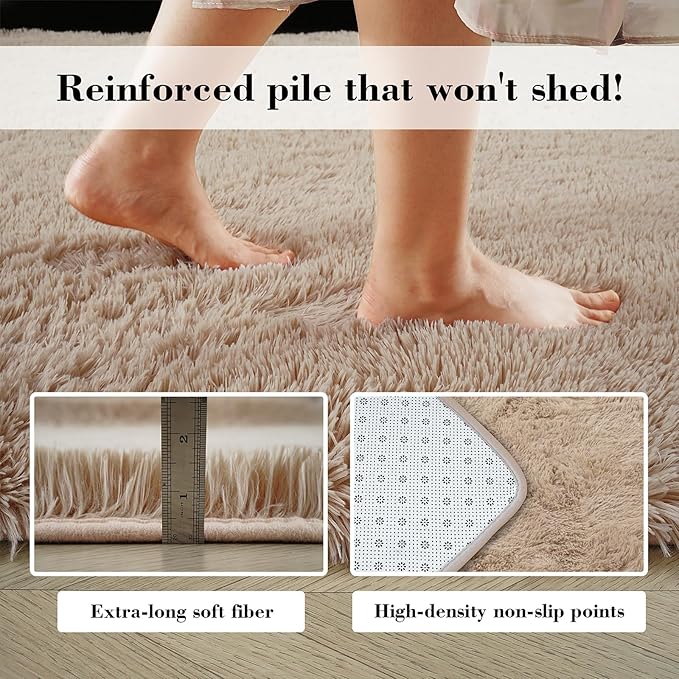 Fluffy Rug Shag Area Rug, Beige 3x5 Area Rugs for Bedroom, Small Bedside Rug, Soft Fluffy Shag Entryway Throw Rugs for Living Room Bedroom Room Home Decor