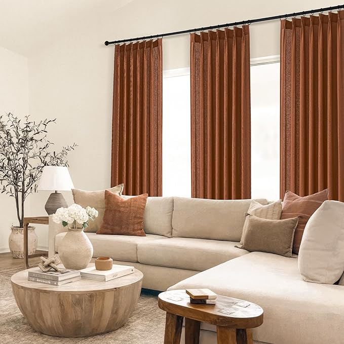 Pleated Linen Curtains 96 Inches Long for Living Room 2 Panel Set Cream Burnt Orange Semi Sheer Light Filtering Pinch Pleat with Hooks Back Tab Drapes Boho 96 Inch Curtain for Bedroom Window,8FT