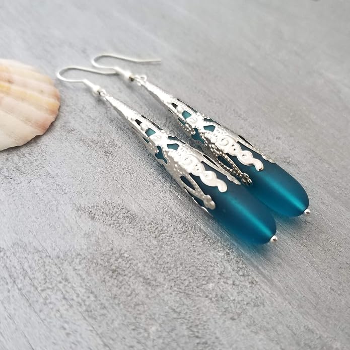 Handmade Sea Glass Earrings, Hawaiian Jewelry for Women, Long Teardrop Earrings Beach Jewelry, Sea Glass Jewelry For Women Birthday Gift For Her