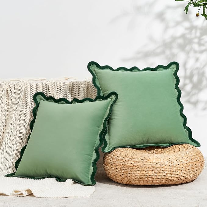 MONDAY MOOSE Decorative Throw Pillow Covers Cushion Cases, Set of 2 Soft Velvet Scalloped Wavy Edge Designs, Mix and Match for Home Decor, Pillow Inserts Not Included (20x20 inch, Green/Light Green)
