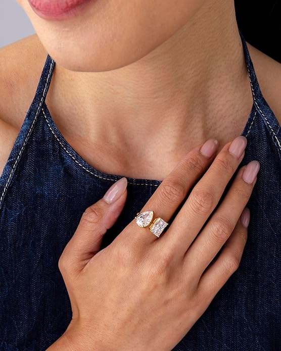 PAVOI 14K Gold Plated Toi Et Moi Radiant-Cut Pear-Shaped Cubic Zirconia Wedding Engagement Ring for Women - Statement Promise Ring