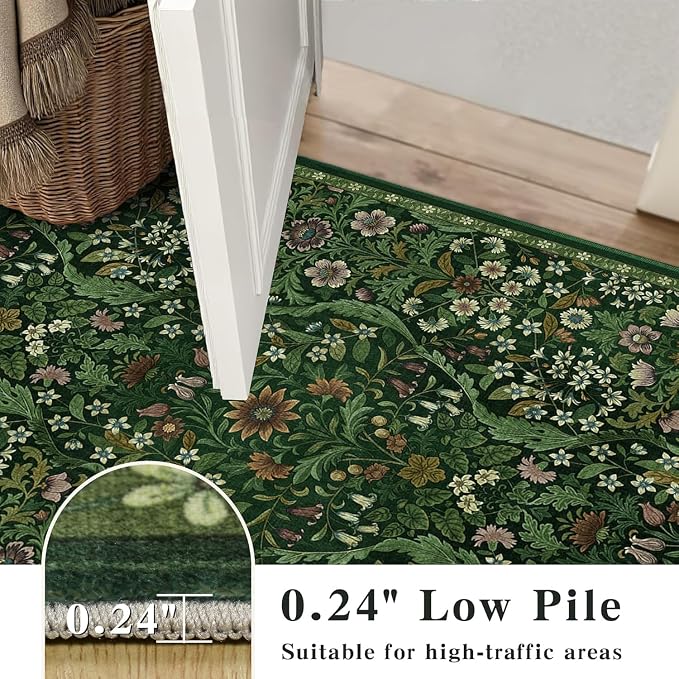 3x12 Washable Runner Rug,Dark Green Floral Long Rugs for Hallway,Low-Pile Non-Slip Stain Resistant Boho Carpet for Kitchen, Bedside,Laundry Room,Entryway