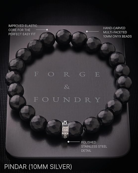 Forge & Foundry Faceted Matte Black Onyx Stone Beaded Bracelet | Custom Signature Stainless Steel Bead | ‘Pindar’ | 8mm and 10mm Bead Desgins | Refined Hand-Crafted Jewelry