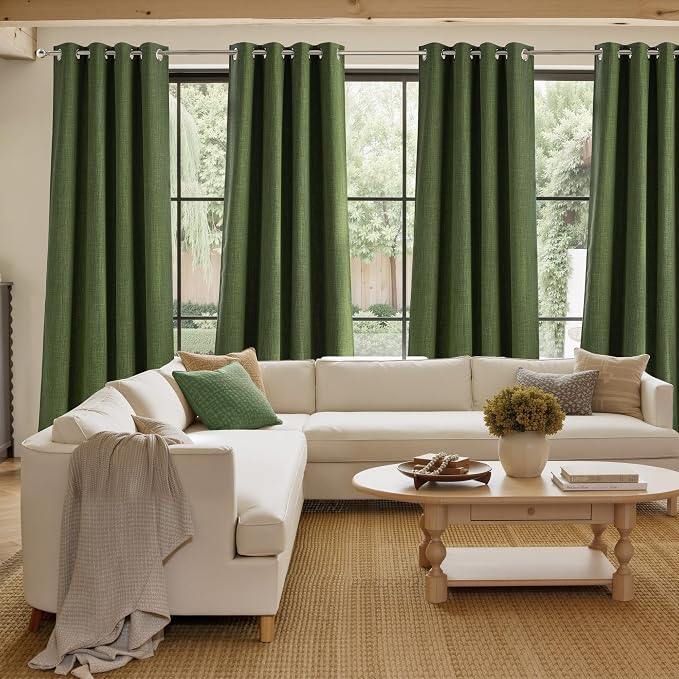 NICETOWN Short Faux Linen Froest Green Blackout Curtains 63 inches Long for Kitchen - Privacy Panels for Living Room Bedroom, Modern Farmhouse Style Easy Care Grommet Top, 2 Panels, W42 by L63