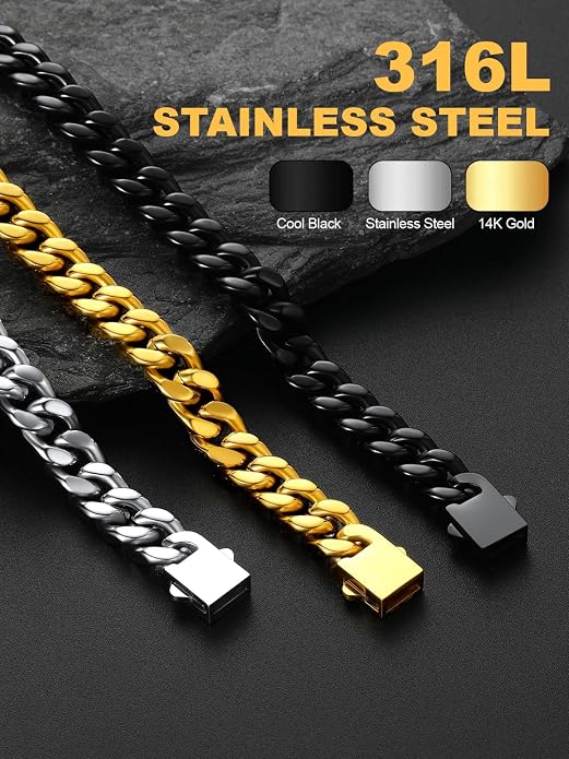 U7 Cuban Link Bracelets for Men Stainless Steel Wrist Bracelet Silver Black Gold Cuban Hand Chain Bracelet for Mens Women, 5/7/9/12mm Width, 7.5/8.3/9 Inch Length Classic Jewelry with Box Packed