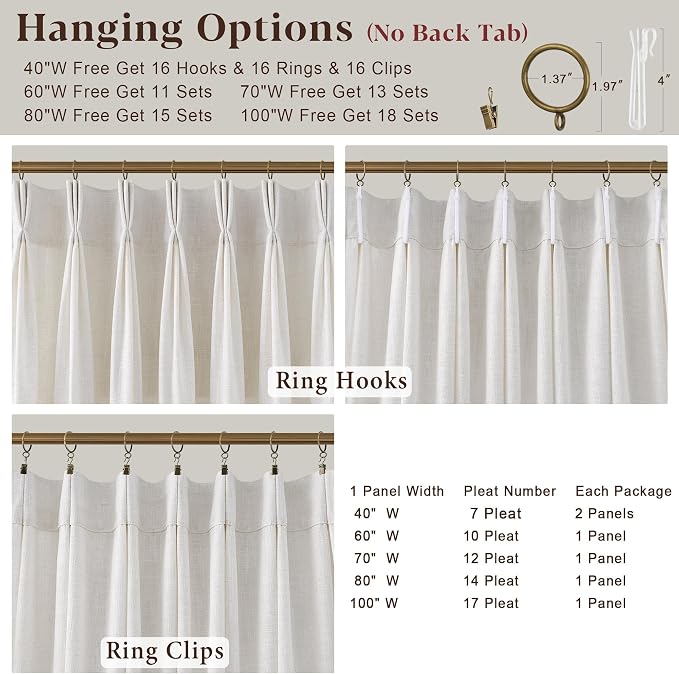 Triple Pinch Pleated Curtains for Living Room 90 Inch Linen Curtains 2 Panels Set Natural Cream Light Filtering Semi Sheer Pinch Pleat Drapes Memory Trained 90 Inches Long Neutral Modern Home Decor