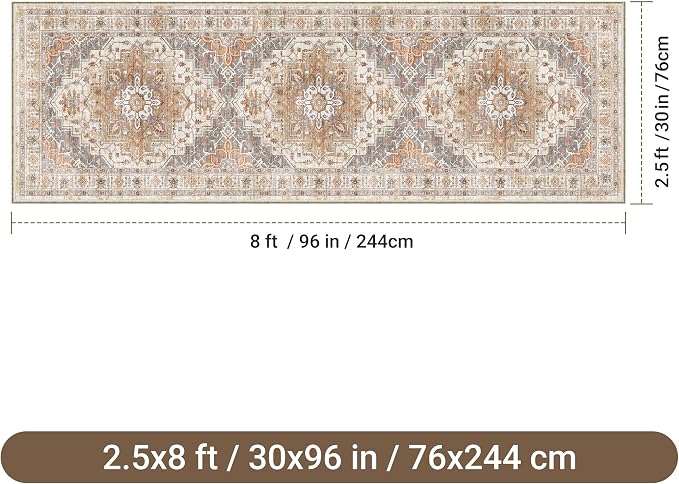 befbee 2.6'x8'Non Slip Runner Rugs - Runners for hallways, Kitchen,Entryway,Stain Resistant Washable Rugs for Bedroom, Indoor Vintage Area Rugs (Turmeric/Grey,2.6'x8')