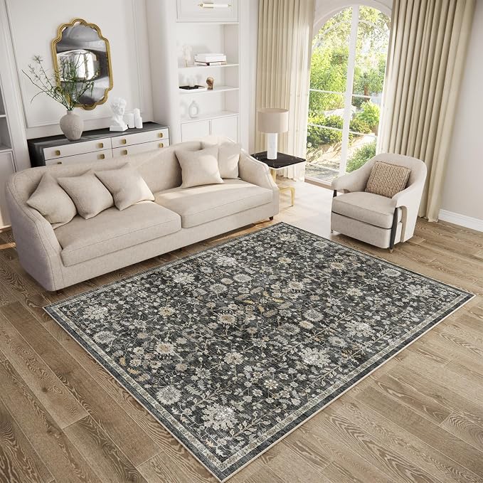 Washable Rugs for Living Room: 5x7 Area Rugs for Bedroom Ultra Soft Non-Slip Stain Resistant Vintage Boho Large Carpet for High-Traffic Dining Room - Farmhouse Decor