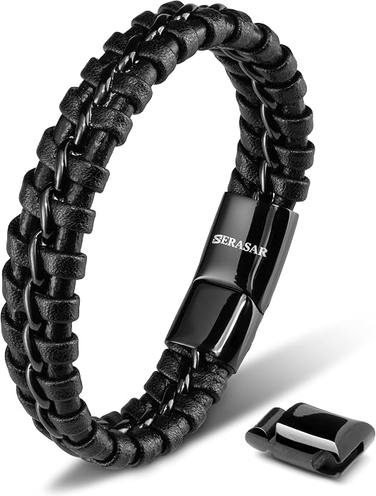 SERASAR Premium Leather Bracelet Men | Stainless Steel Magnetic Clasp | Three Colors | Jewelry Box Included